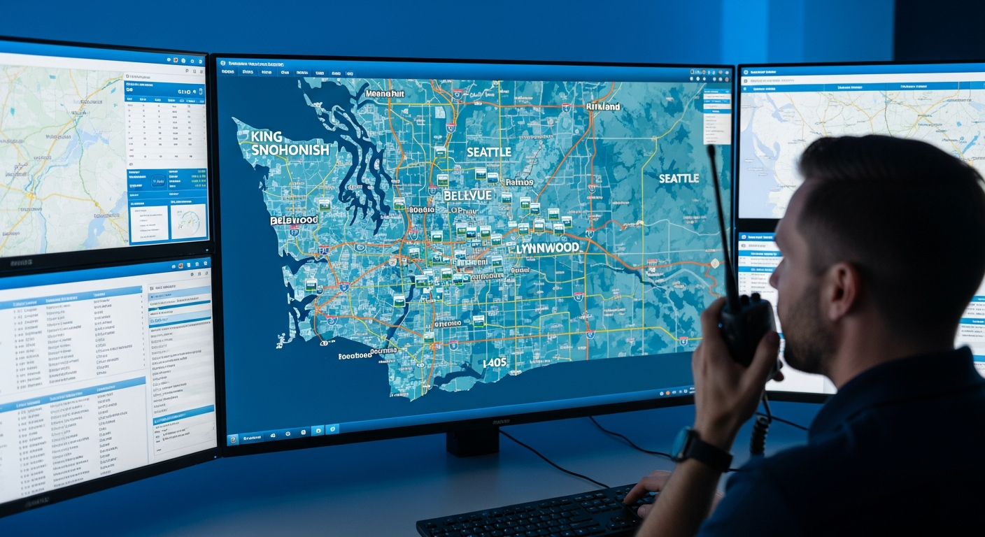 Fleet dispatcher monitoring service map of King and Snohomish County