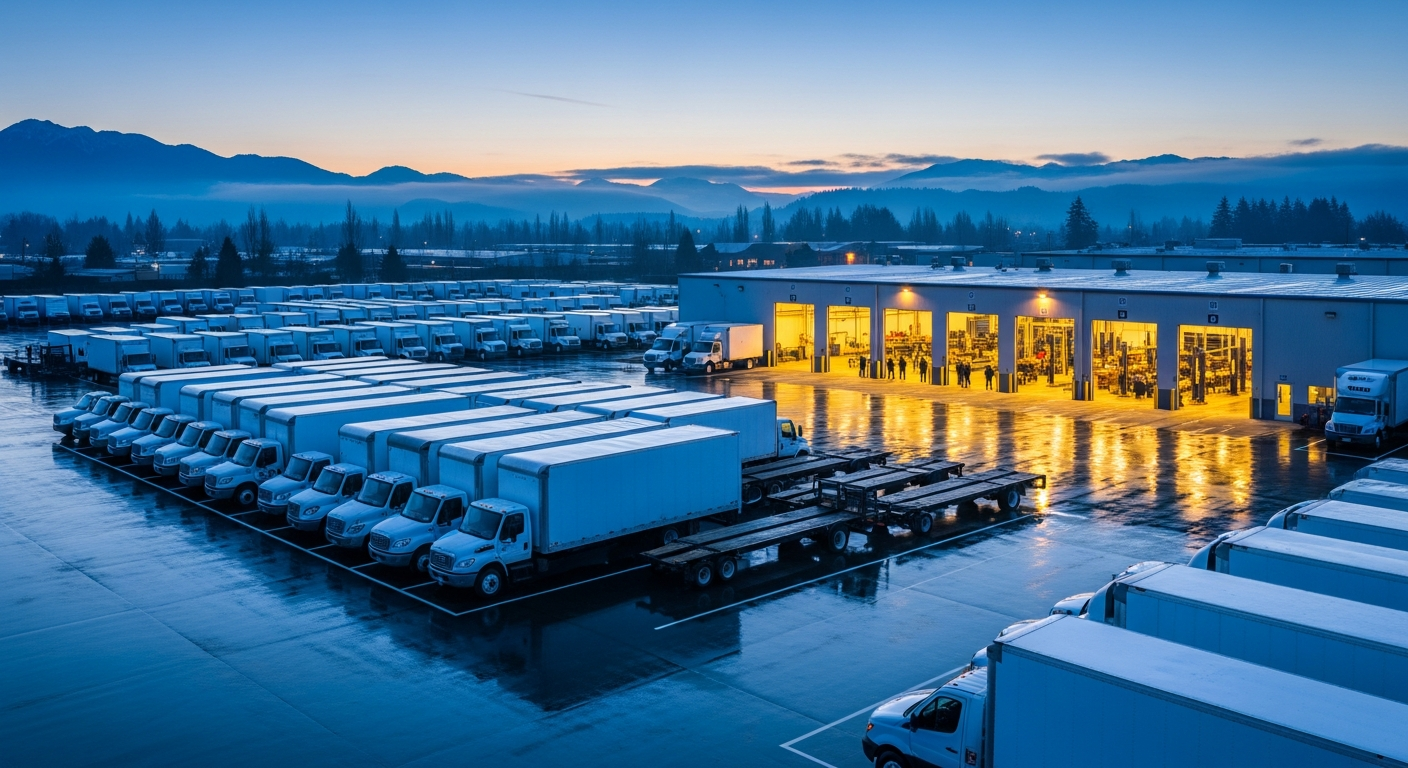 Commercial fleet service yard at dawn in the Pacific Northwest