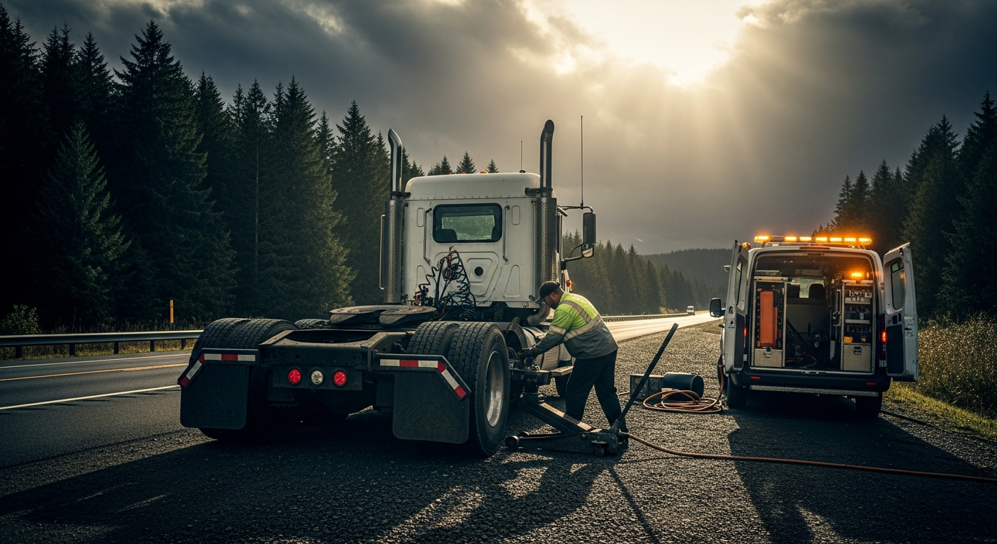 Mobile tire technician changing a tire on a semi truck on a Pacific Northwest highway