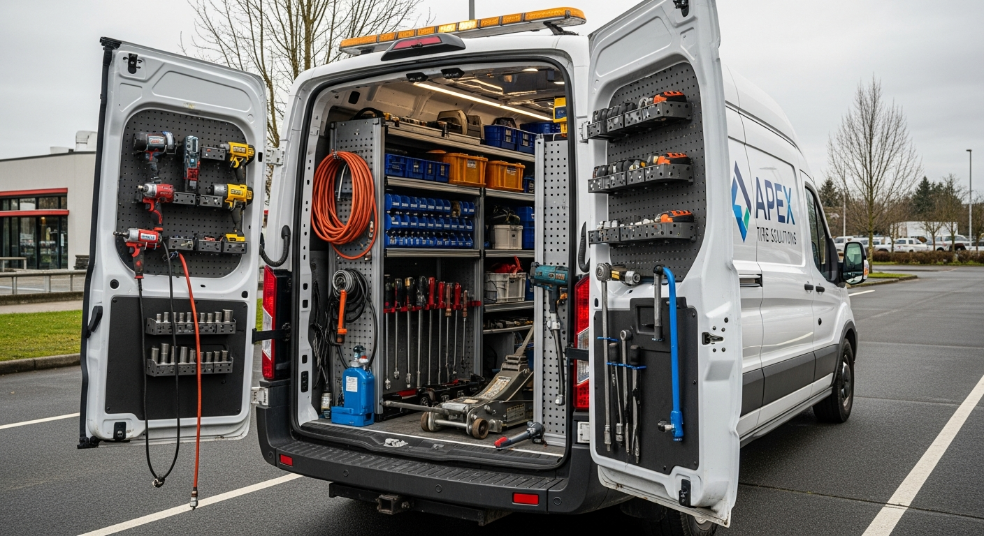 Mobile tire service van with equipment