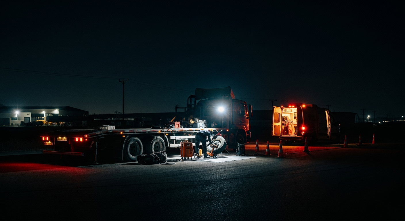 Nighttime mobile tire service with work lights