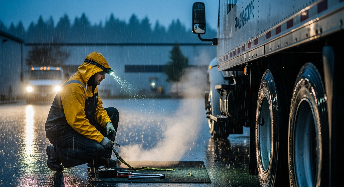 Tire technician working in Pacific Northwest rain