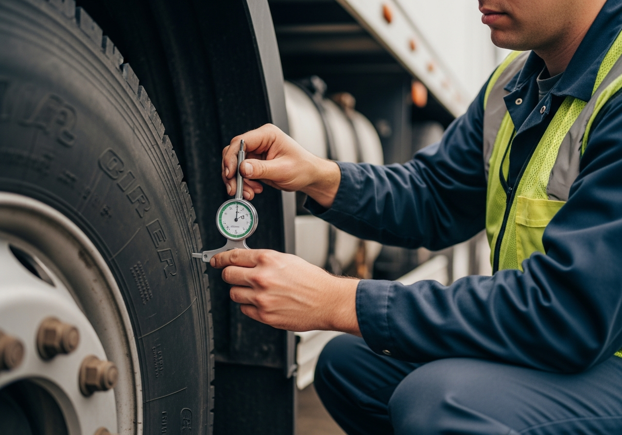 Tire technician inspecting tread depth on commercial truck