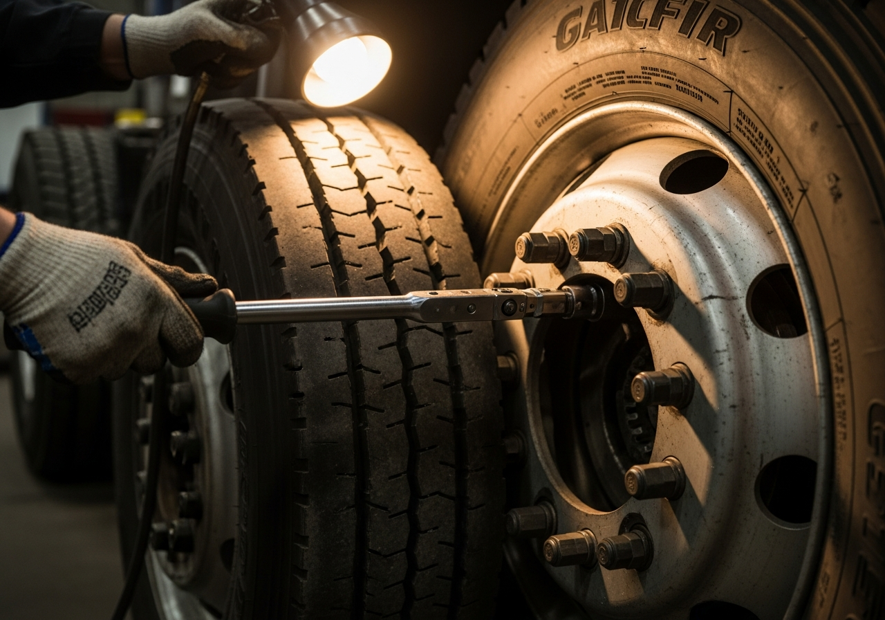 Technician mounting a new commercial truck tire